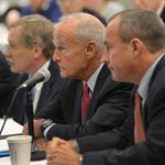 Thomas Reilly, former attorney general, spoke at the microphone for Suffolk Downs to the gaming commission. Allowing Mohegan Sun to pursue a new proposal at a new site on the Suffolk Downs property would preserve a sense of competition for the state’s most lucrative gambling license.