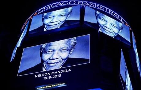A tribute to Mandela was displayed during a moment of silence prior to the Bulls-Heat NBA game in Chicago.
