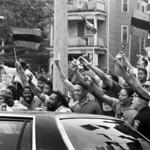 Well-wishers lined Martin Luther King Boulevard in 1990 as Nelson Mandela’s motorcade left Madison Park High School in Roxbury.