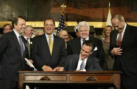 Mitt Romney, shown signing the Massachusetts health care bill in 2006, said during his presidential run that the state’s  reform wouldn’t work for the whole country.
