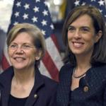 Katherine Clark, right, stood with Sen. Elizabeth Warren during Clark’s ceremonial swearing-in ceremony on Capitol Hill. 