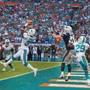 The Dolphins’ Michael Thomas intercepted a throw in the end zone in the final seconds of the game. 