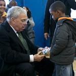 Mayor Menino talked gifts with Steven Dorosareo, 7, of Dorchester. Rhianna Dagraca, 2, of Medford is in the foreground.