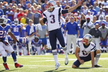 Stephen Gostkowski launches the game-winning field goal against the Bills in Week 1..(AP Photo/Bill Wippert)
