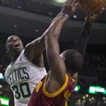 The Celtics’ Brandon Bass blocked the Cavaliers’ Dion Waiters with less than 10 seconds left in the game.