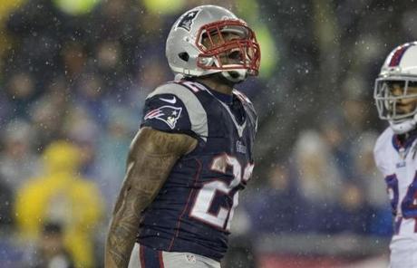 Stevan Ridley reacted after a long run against the Bills in first-half action.
