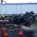 The driver of a pickup truck that slid underneath a tractor trailer was seriously injured.