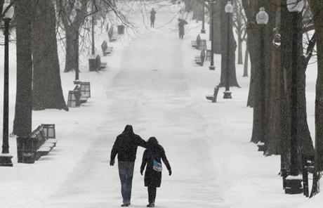 A couple strolled through Boston Common in the snow.
