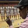 Former NBA player Dennis Rodman spoke to North Korean basketball players during a practice session in Pyongyang in December.