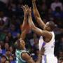 Serge Ibaka, right, shot over Jeff Green in the first quarter.