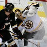Bruins goalie Tuukka Rask blocks this shot from crease crasher Matt Beleskey.