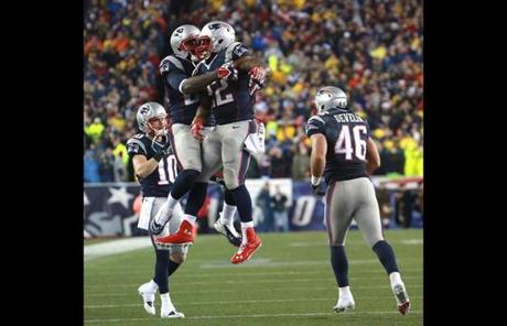 Stevan Ridley and Blount celebrated Blount's touchdown in the final quarter.
