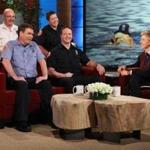 Wellesley firefighters (from left) Jim Dennehy, Lieutenant Paul Delaney, Joan Cullinan, and Dave Papazian with Ellen DeGeneres on her TV show.