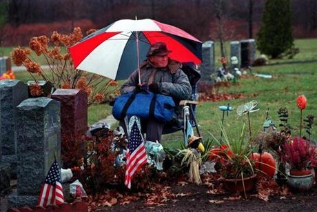 Rocky Abalsamo — shown at the grave of his wife, Julia, on Nov. 26, 2000 — died on Jan. 22 at age 97. For many years after his wife of 55 years died in 1993, he spent every day by her side at St. Joseph Cemetery in West Roxbury.
