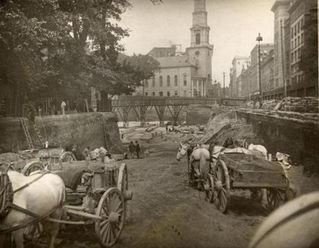 Boston broke ground on its subway in 1895, with workers digging the trench in sections. Horse-drawn carts carried away the dirt and rocks. 
