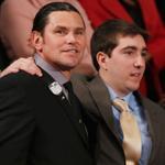 Carlos Arredondo and Jeff Bauman at the speech Tuesday. The pair have become close since the Marathon bombing.