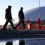 Police patrolled the boardwalk on the Black Sea outside the Olympic Park in Sochi, Russia, on Monday.