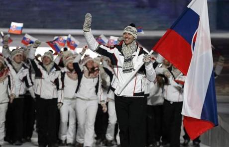 Slovakia's flag-bearer and Boston Bruin Zdeno Chara led his country's contingent  at the opening ceremony

