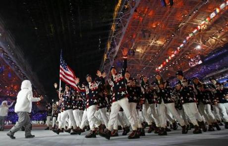 Flag-bearer Todd Lodwick led the US delegation during the Opening Ceremony of the 2014 Winter Olympics in Sochi.
