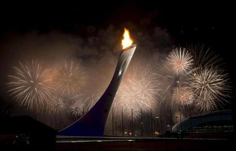 Fireworks went off after the Olympic Cauldron was lit during the Opening Ceremony at the 2014 Winter Olympics in Sochi.
