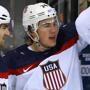 The Americans celebrated one of Paul Stastny’s two second-period goals in the win over Slovakia. 