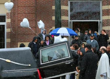 Family and friends left the funeral service for Janmarcos Pena at Our Lady of Lourdes Church in Jamaica Plain.
