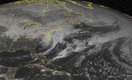 This image taken Saturday afternoon shows the storm system that has brought more snow to the East Coast.
