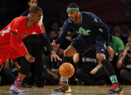 Carmelo Anthony of the Knicks guarded Chris Paul of the Clippers during the NBA All-Star Game.
