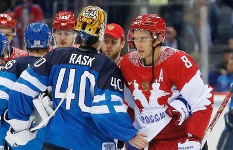 Tuukka Rask greeted Russia’s Alexander Ovechkin after Finland’s victory. 
