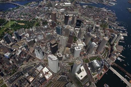 A aerial view of the downtown area of Boston.
