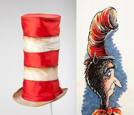 Among the hats in the Theodor Geisel exhibit is one from the Cat in the Hat, a drum major’s hat, and an Italian colonel’s  headgear (top, from left) and some fanciful models (above).
