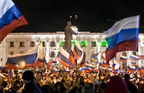 Celebrations continued after the vote was announced, though the Ukrainian government in Kiev denounced the referendum.
