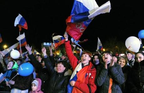 After partial counting showed that 95 percent of Crimean voters support joining Russia, pro-Russian Crimeans celebrated in Sevastapol, Ukraine.

