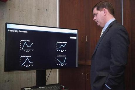 Mayor Walsh can keep tabs on city life by consulting two data dashboards in his office that let him see statistics on services such as school bus arrival times and hot line calls. 
