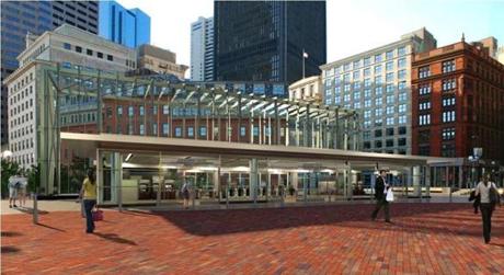 An architect’s rendering of the Government Center MBTA Station, which would replace the structure below.
