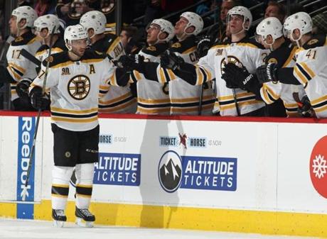 Patrice Bergeron celebrated his goal in the second period.
