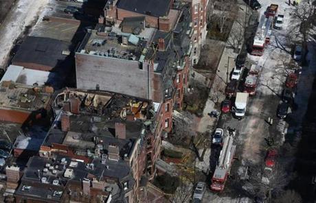 The aftermath of the scene of a nine-alarm blaze.
