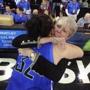 Bentley coach Barbara Stevens hugged Jacqui Brugliera after the team’s 73-65 win in the Division 2 national championship.