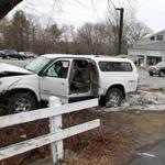A Toyota Tundra crashed into a tree near a Rite Aid store on Lowell Street in Concord Monday during a chase through several communities.