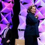 A woman threw an object at Hillary Clinton during a speech in Las Vegas.
