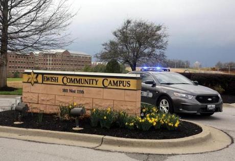 An Overland Park police car blocked the entrance of the Jewish Community Center of Greater Kansas City campus.

