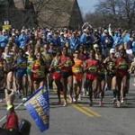 Elite women started the Boston Marathon in downtown Hopkinton. 