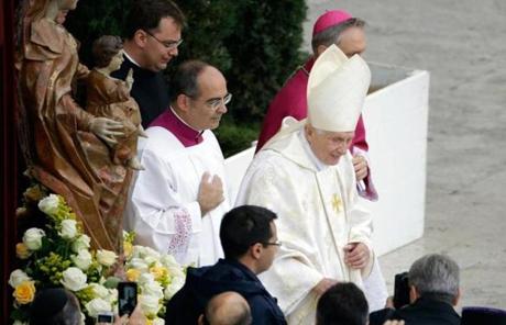 Pope Benedict XVI arrived in St. Peter’s Square prior to the start of the canonization ceremony.
