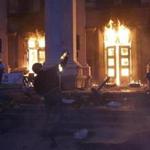 A protester threw a petrol bomb at a trade union building in the previously calmer port city of Odessa, on the Black Sea.