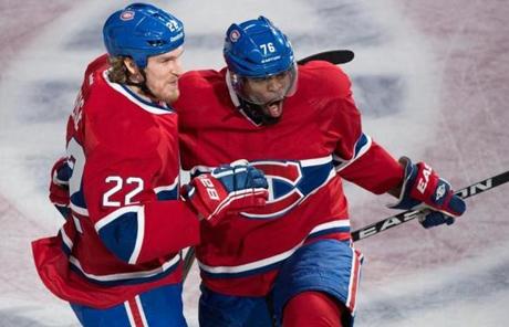 P.K. Subban, right, celebrated with Dale Weise.
