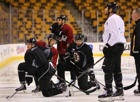 The Bruins regrouped at practice Tuesday, with the biggest game of the season (so far) coming up Wednesday.  John Tlumacki/Globe Staff
