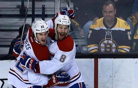 Dale Weiss celebrated his first-period goal with Brandon Prust.
