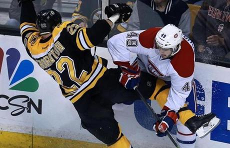 Shawn Thornton was tangled up with Michael Bournival.
