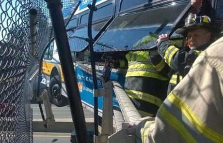 Authorities worked to stabilize the bus so that it wouldn’t fall over.
