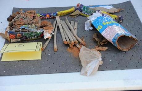 An FBI image shows fireworks tubes found in a backpack that was allegedly disposed of by friends of Dzhokhar Tsarnaev.

